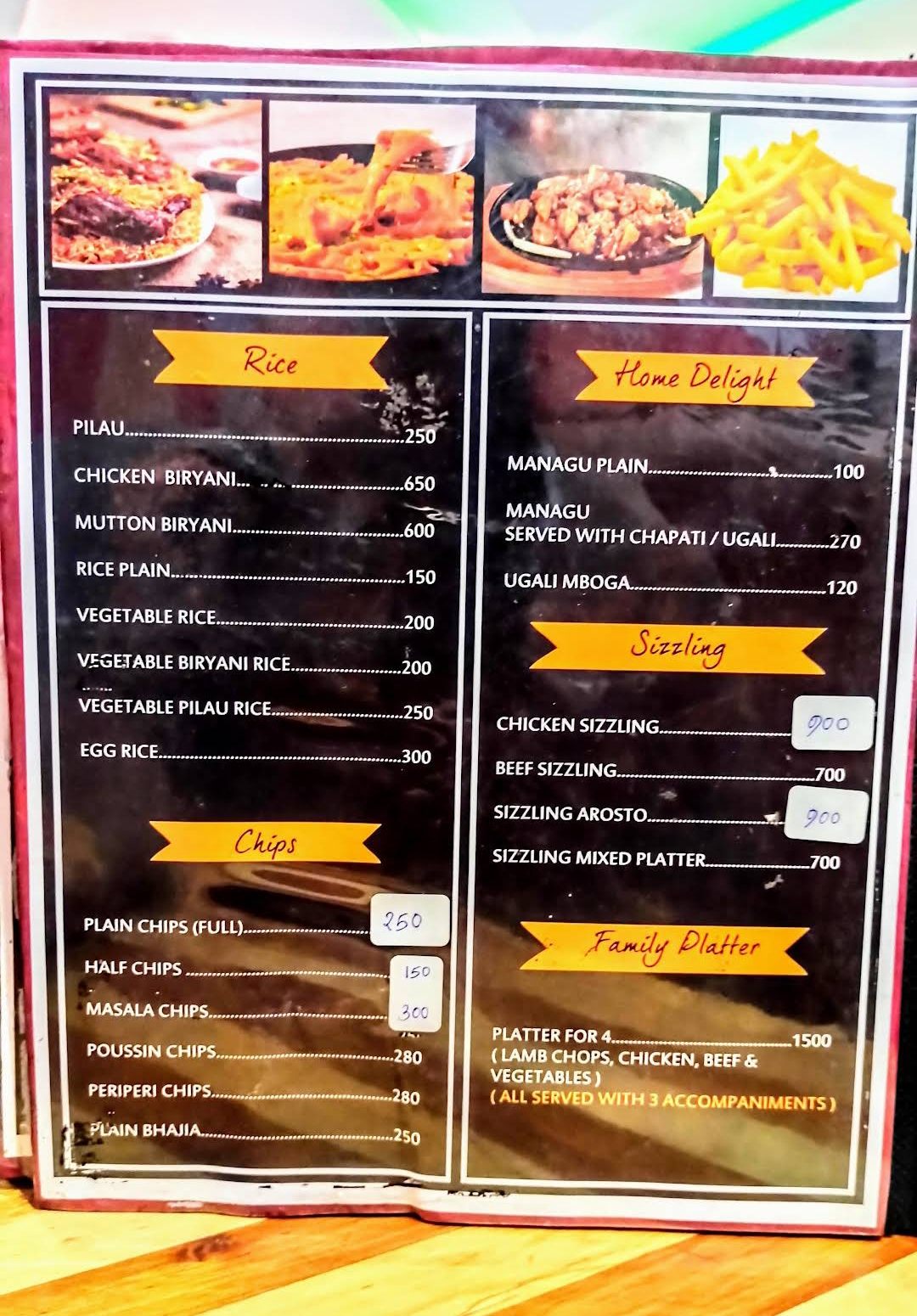 Menu board — rice and sizzlers