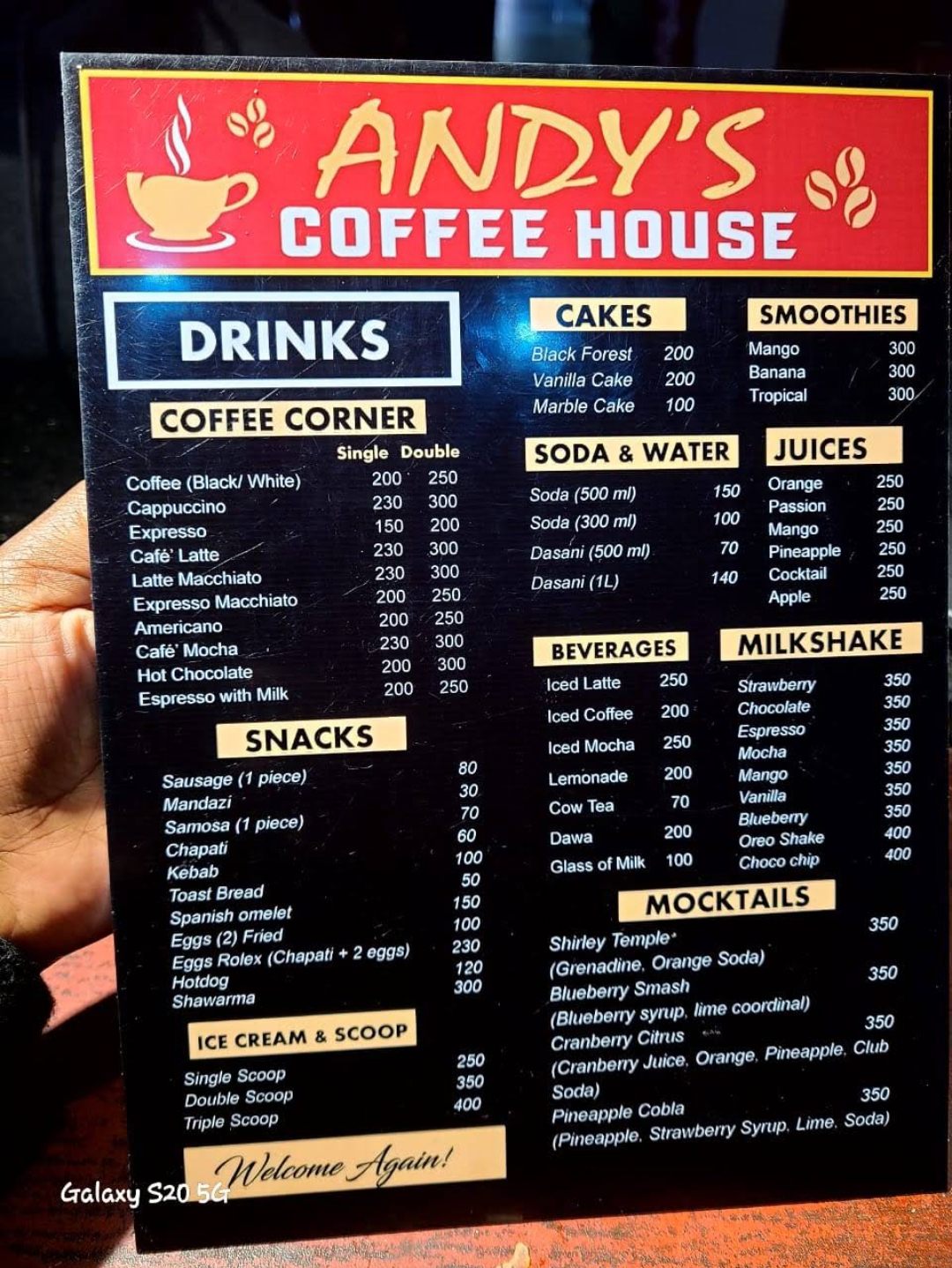 Drinks menu card